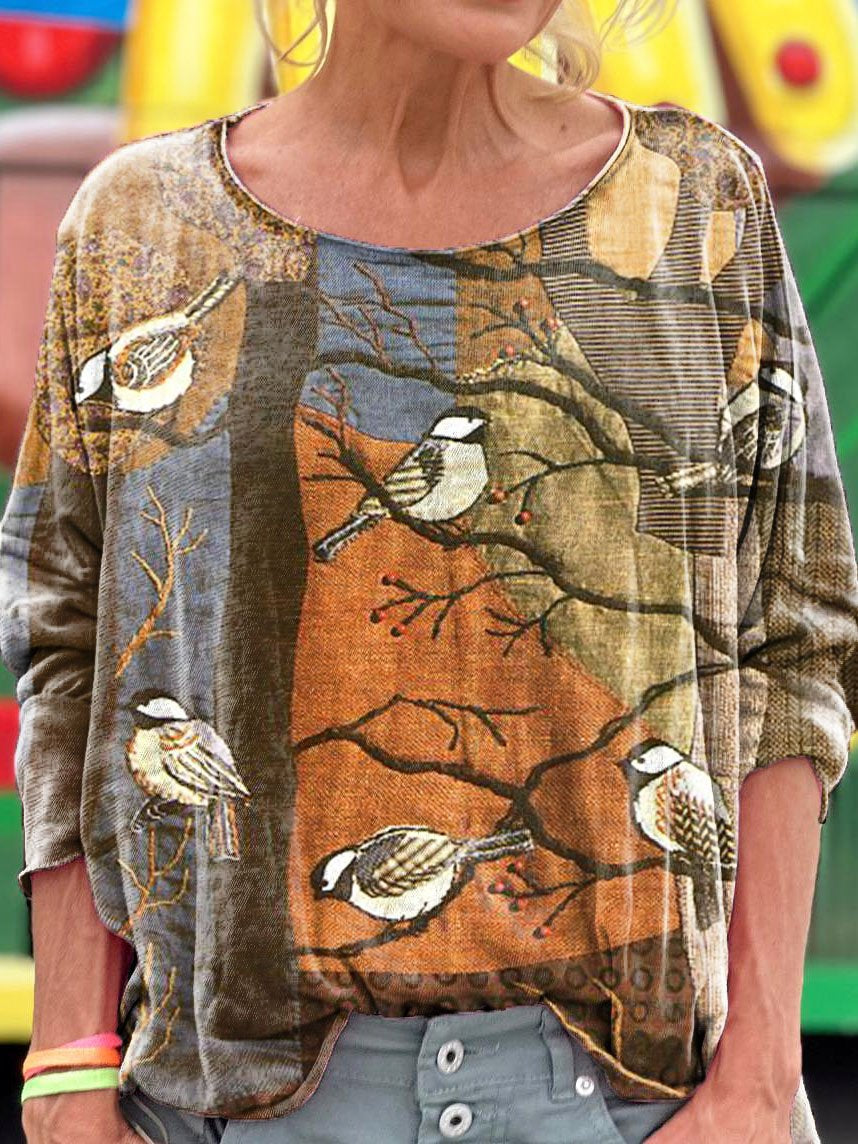 Retro Branches & Birds Patchwork Art Print Casual Long Sleeve T-shirt