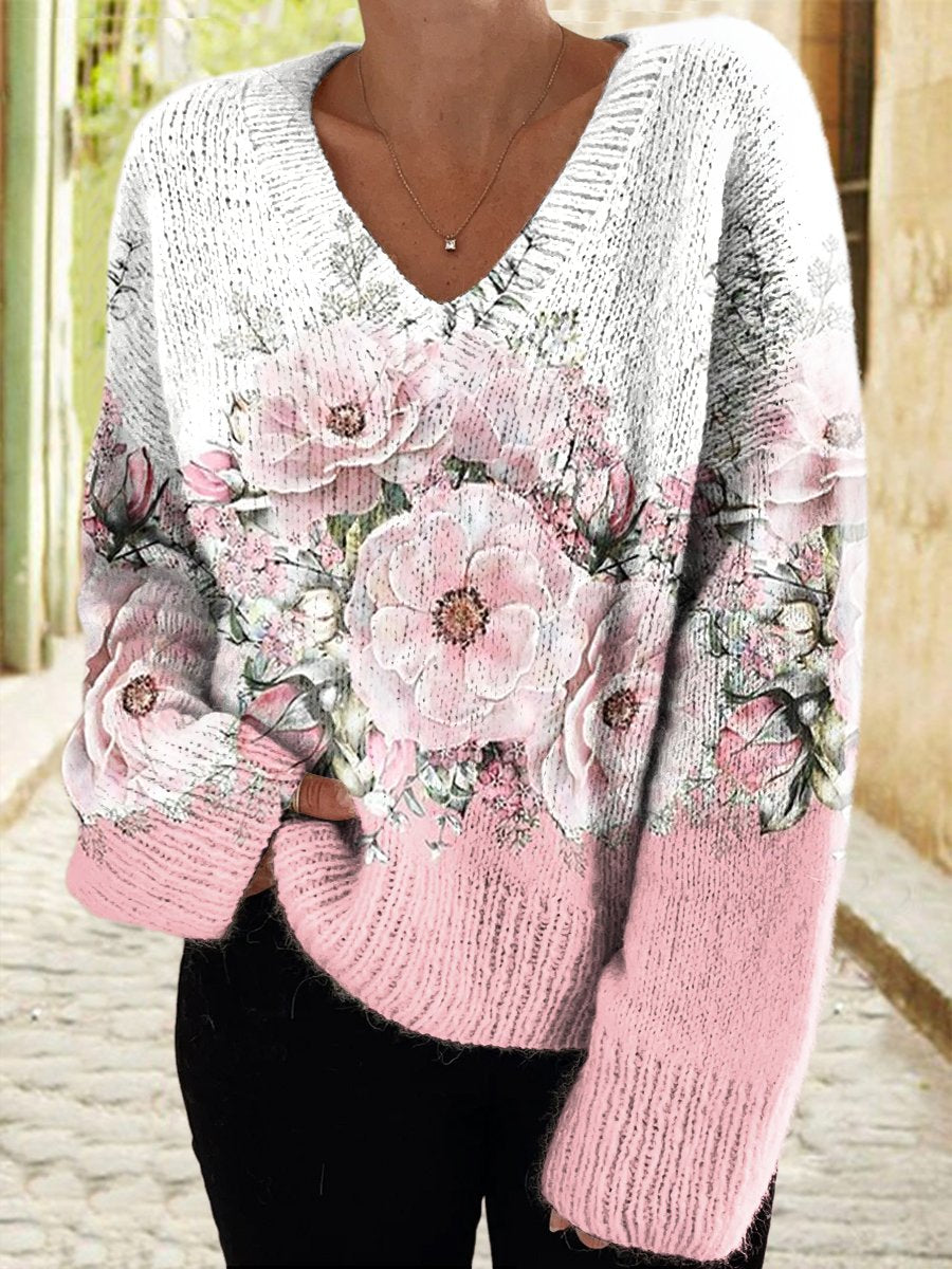 Women's Pink Floral Contrast Pattern Casual V-Neck Knit Sweater