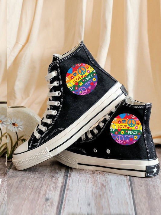 Colorful Love and Peace Signs Print Canvas Shoes