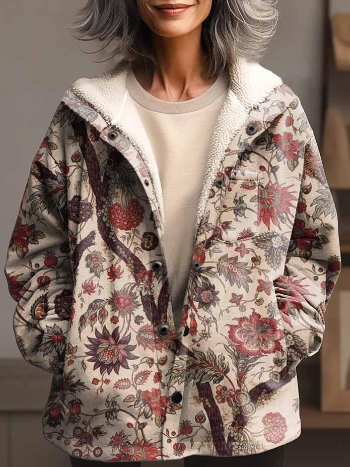 Women's Ethnic Art Print Waffle Plush Thick Long-Sleeved Hooded Coat