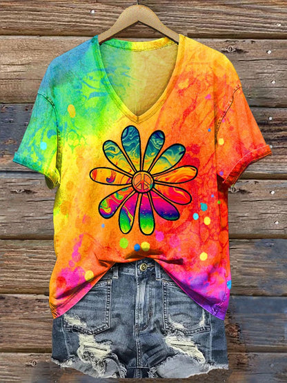 Daisy Peace Colorful Print V Neck T-Shirt