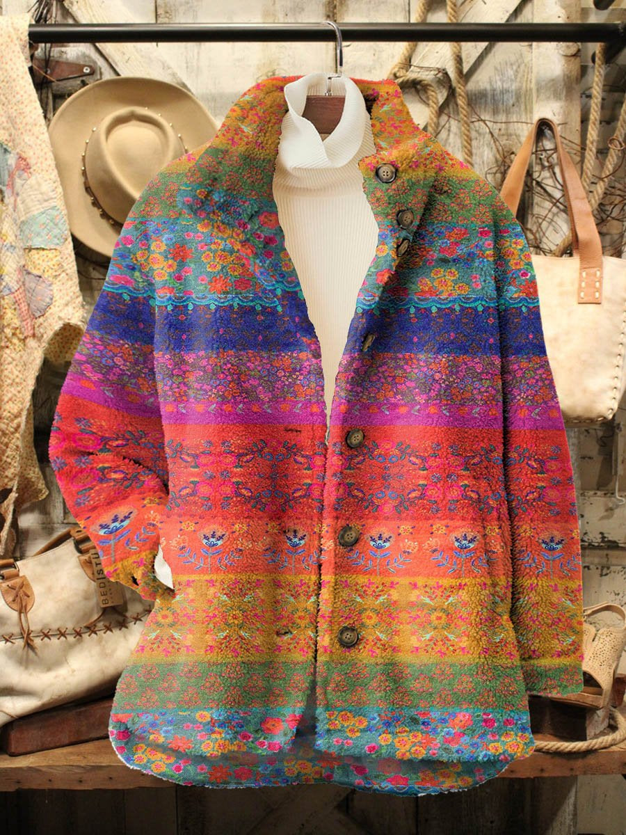 Women's Colorful Striped Floral Print Casual Sherpa Coat Cardigan