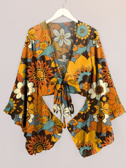 Women's 70s Retro Floral Power Print Bell Sleeve Wrap Top