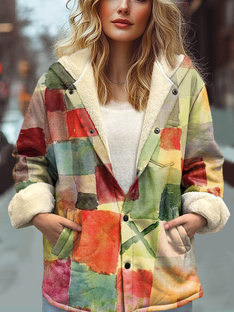 Women's Abstract Geometric Pattern Art Print Waffle Plush Thick Long-Sleeved Hooded Coat