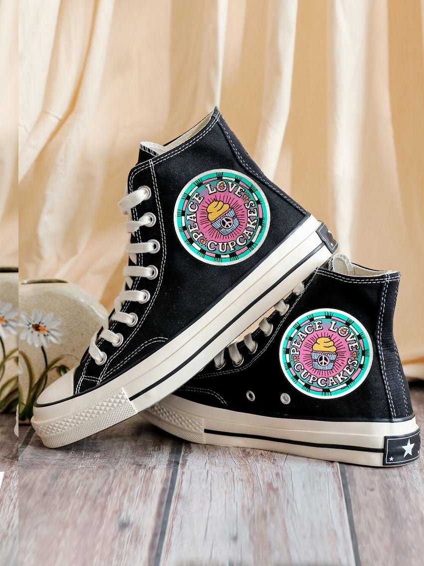 Love and Peace Cupcakes Print Canvas Shoes