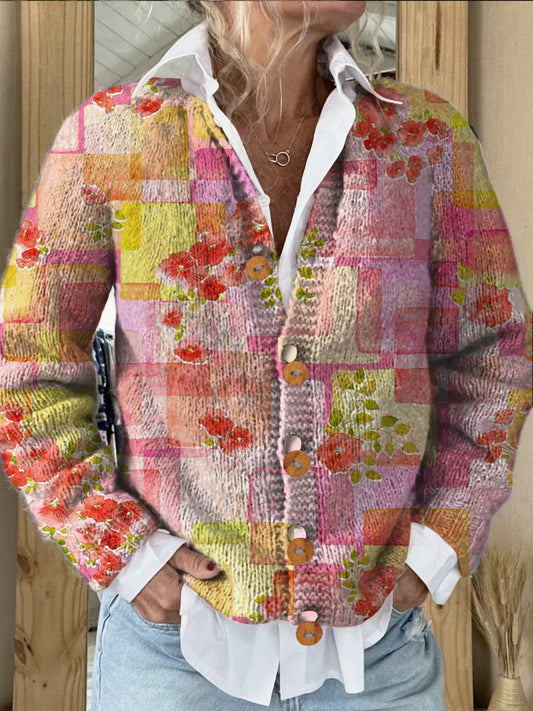 Colorful Flowers Art Print Buttoned Cardigan Sweater