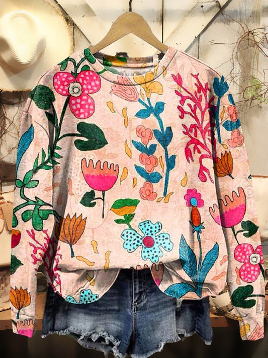 Retro Flowers Pattern Print Casual Sweatshirt