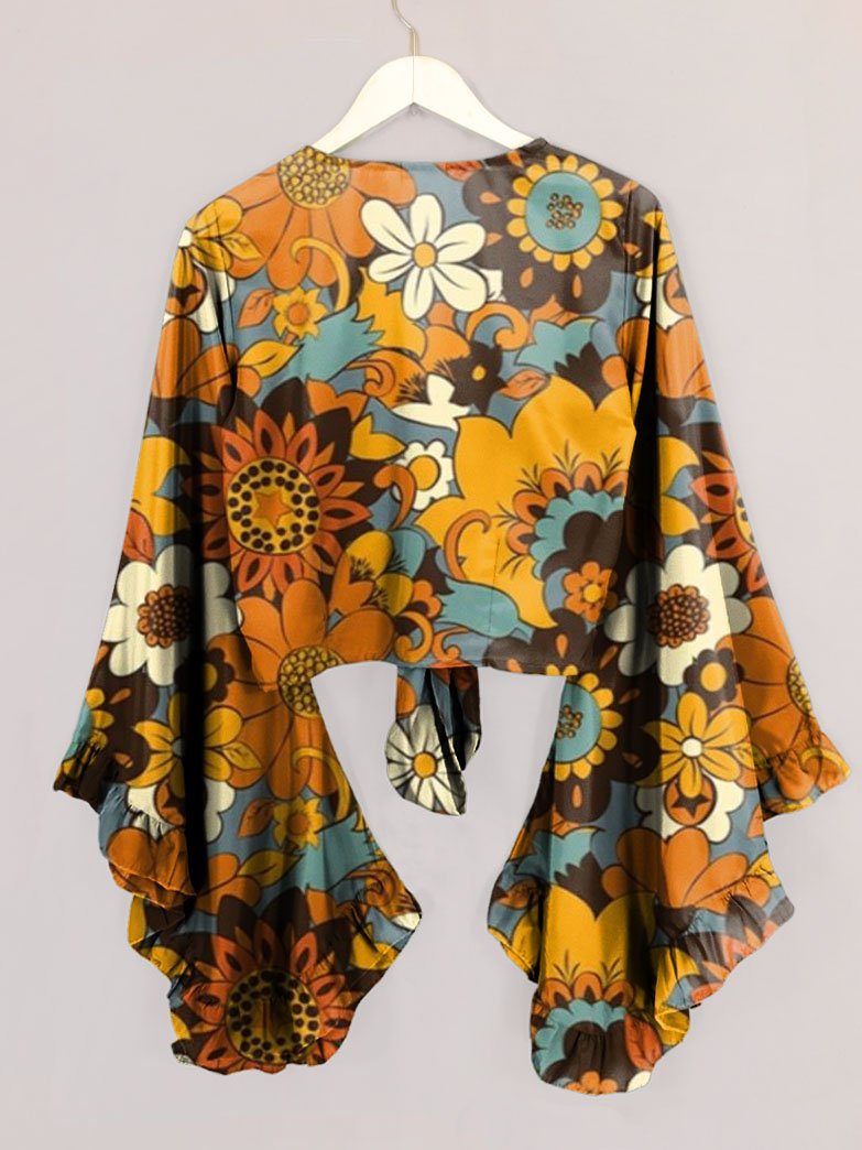 Women's 70s Retro Floral Power Print Bell Sleeve Wrap Top