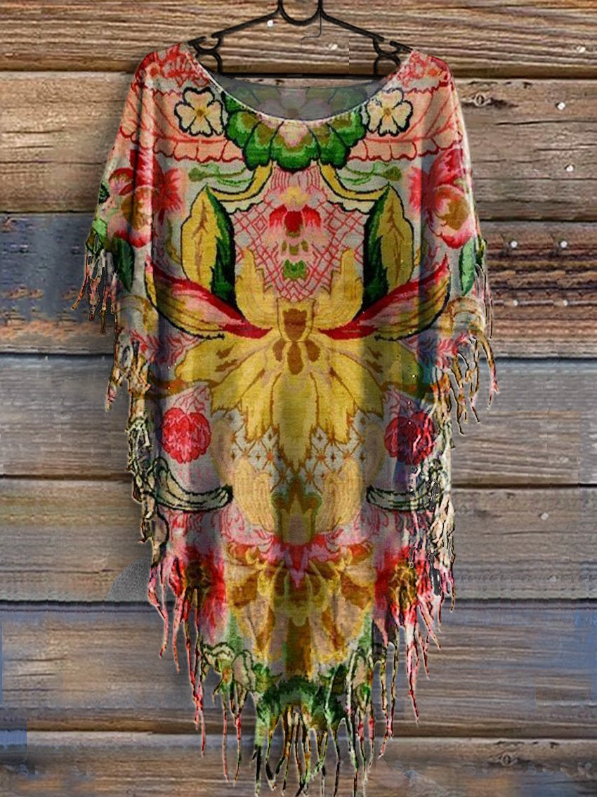 Women's Vintage Flowers Print Punk Hippie Batwing Tussle Fringes Poncho Dress