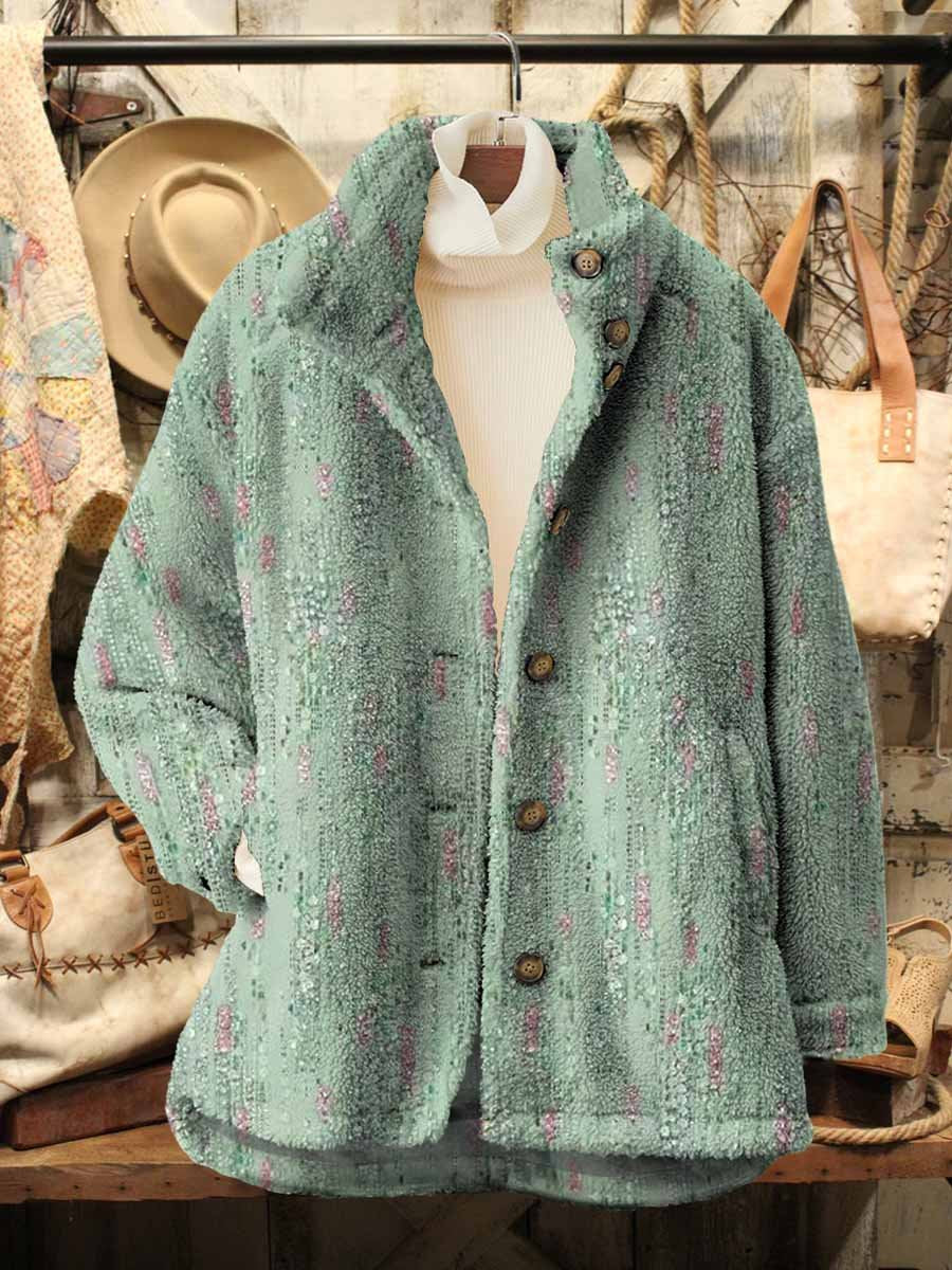 Women's Retro Texture Art Pattern Casual Sherpa Coat Cardigan