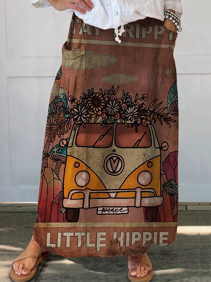 Women's Hippie Van Print Linen Pocket Skirt