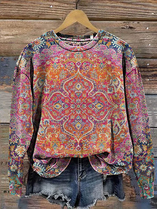 Retro Boho Flower Print Casual Sweatshirt