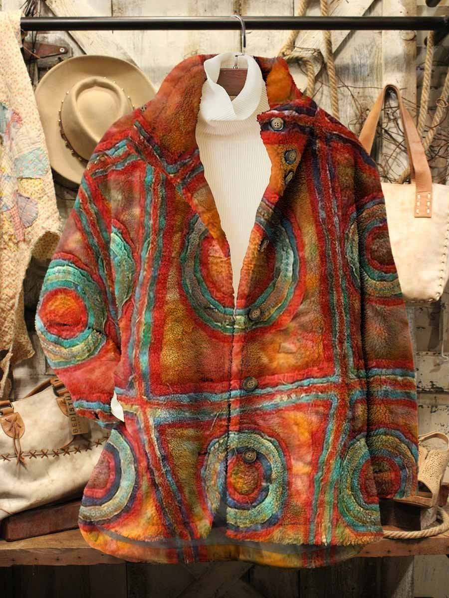 Women's Boho Colorful Abstract Geometric Art Pattern Casual Sherpa Coat Cardigan