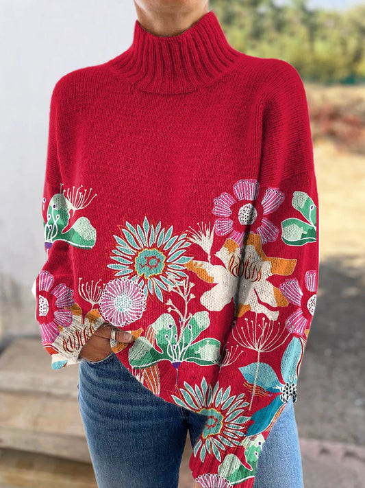 Retro Flowers Print Knit Turtleneck Pullover Sweater