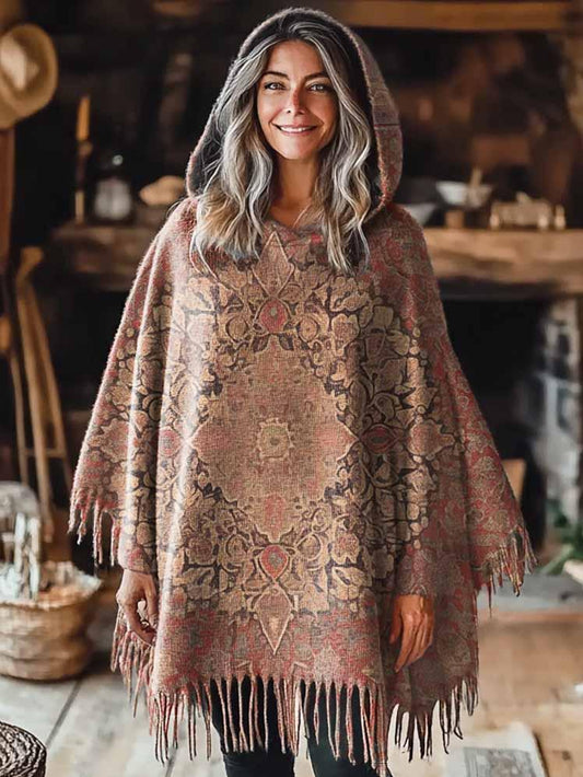 Women's Bohemian Vintage Ethnic Art Pattern Knitted Blanket Poncho Hood Cape