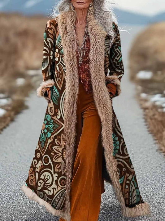 Women's Ethnic Art Print Fur Patchwork Suede Long Afghan Coat