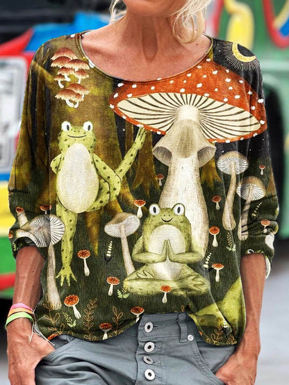 Women's Vintage Frog Mushroom Pattern Art Print T-shirt