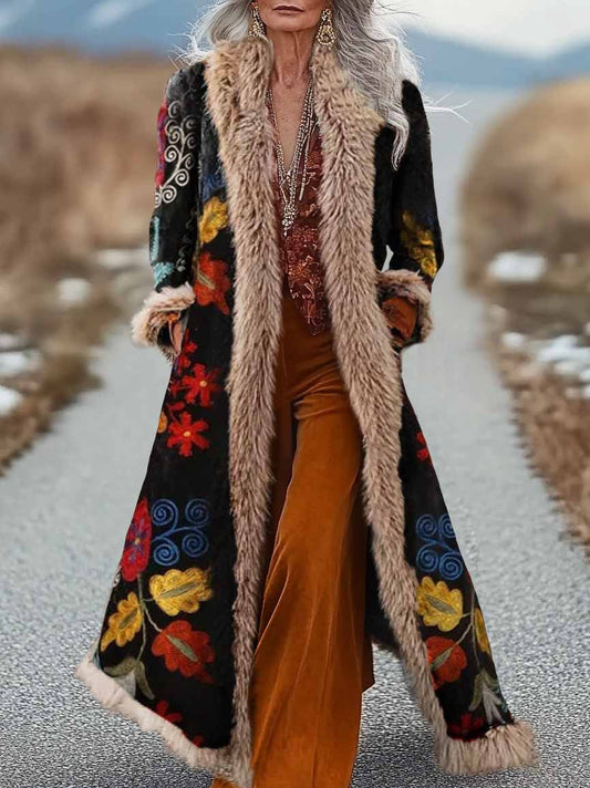 Women's Vintage Floral Art Print Fur Patchwork Suede Long Afghan Coat