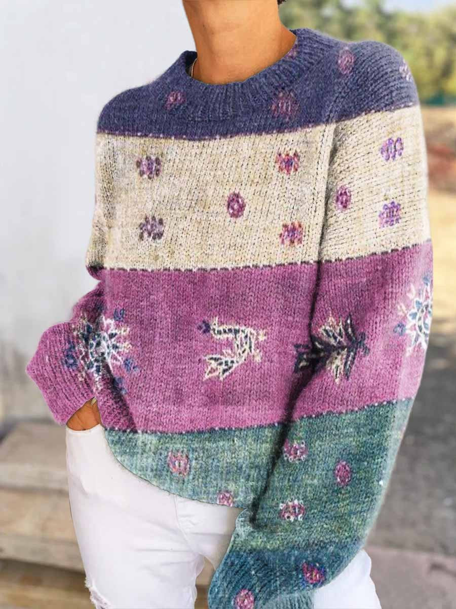 Women's Contrasting Florals Casual V-neck Pullover Knitted Sweater