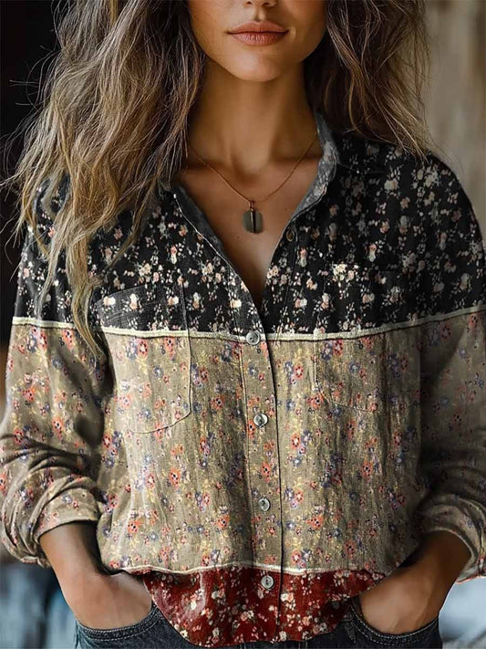 Women's Retro Patchwork Floral Pattern Long Sleeve Comfortable Cotton Shirt