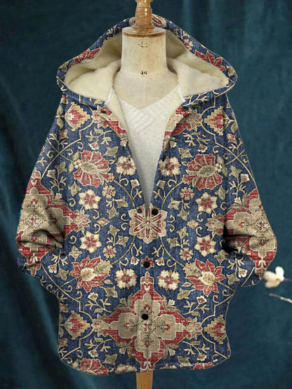 Women's Vintage Lovely Floral Art Print Waffle Plush Thick Long-Sleeved Hooded Coat