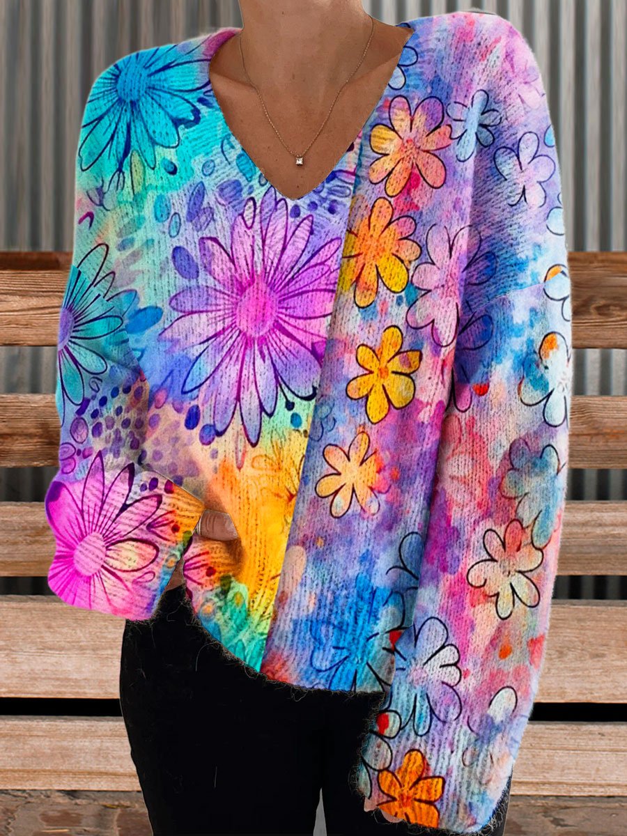 Women's Vintage Hippie Flowers Art Print Casual V-neck Pullover Knit