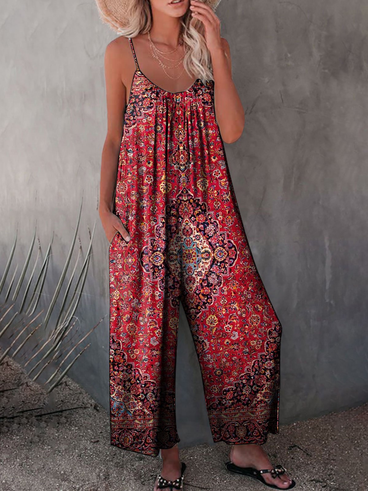 Women's Vintage Retro Ethic Art Print Casual 100% Cotton Wide Leg Jumpsuit