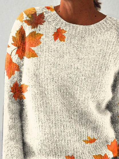 Autumn Winter Maple Leaves Print Casual Knit Pullover Sweater