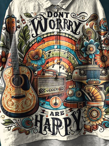 Don't Worry Art Print Casual Cotton And Linen Shirt