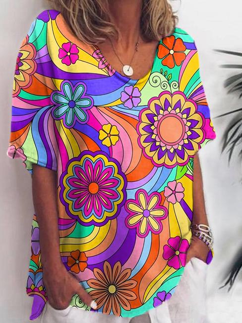 Women's Colorful Hippie Flowers Print Casual Cotton And Linen 3/4 Sleeve Shirt