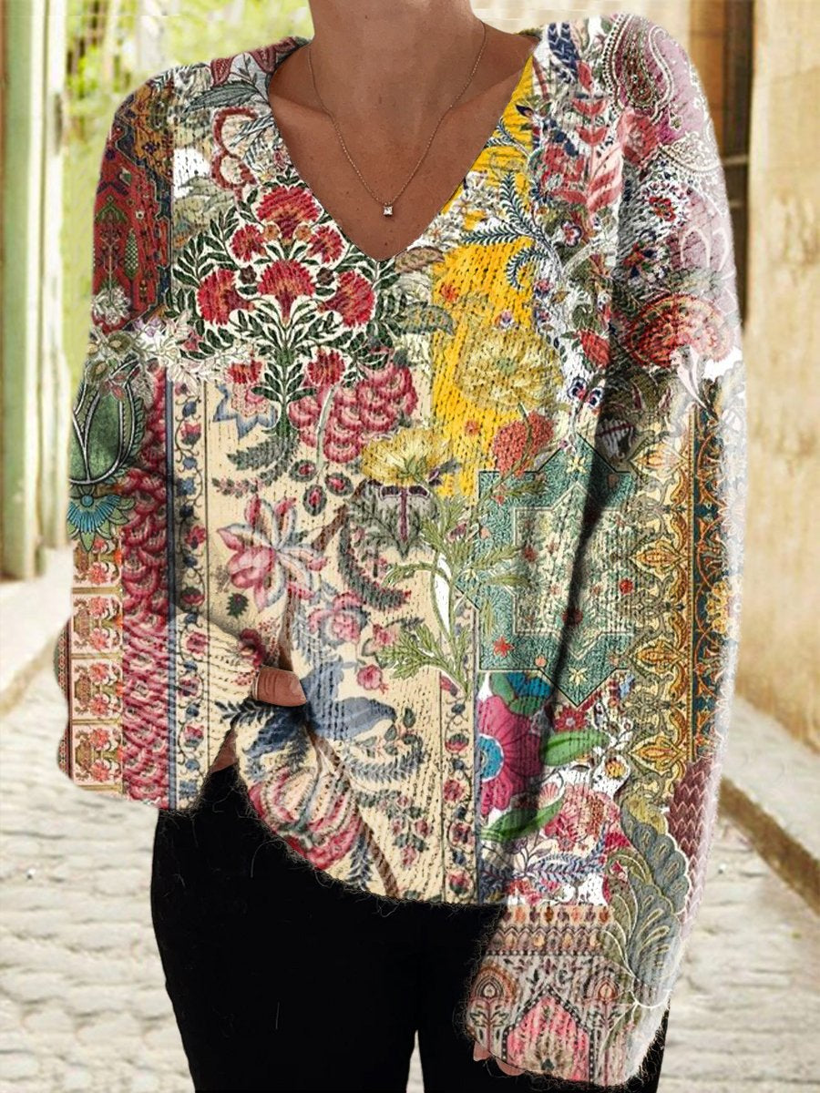 Women's Vintage Floral Art Print Casual V Neck Pullover Sweater