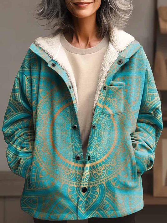 Women's Ethnic Art Print Waffle Plush Thick Long-Sleeved Hooded Coat