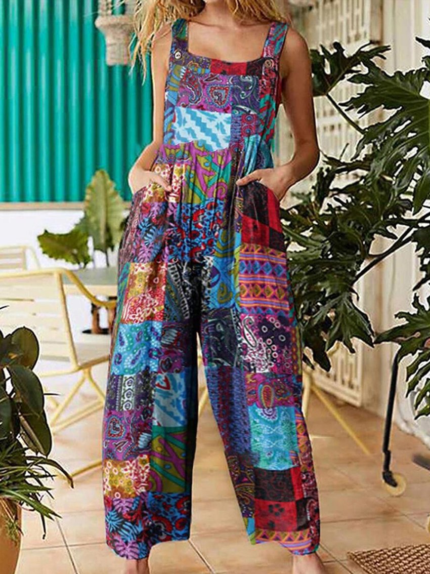 Floral Pattern Hippie Art Print Casual 100% Cotton Wide Leg Jumpsuit