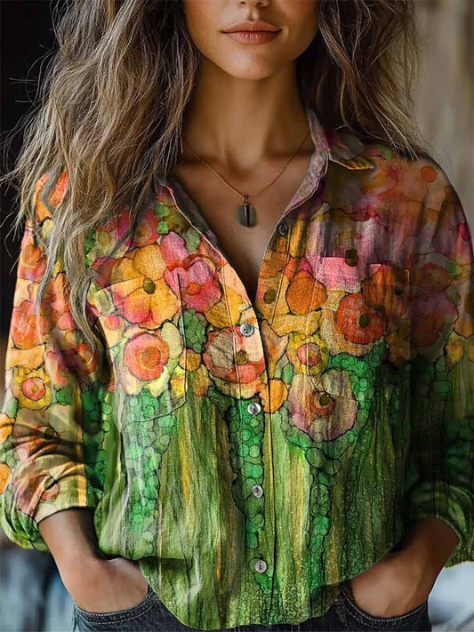 Women's Watercolor Abstract Flowers Art Pattern Long Sleeve Comfortable Cotton Shirt