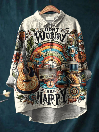 Don't Worry Art Print Casual Cotton And Linen Shirt