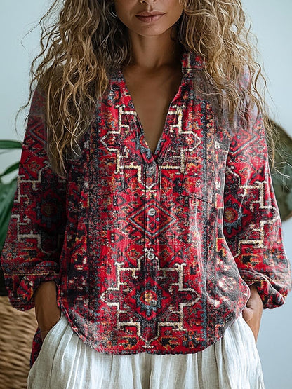 Women's Vintage Ethnic Pattern Art Print Casual Long Sleeve Comfortable Cotton Shirt