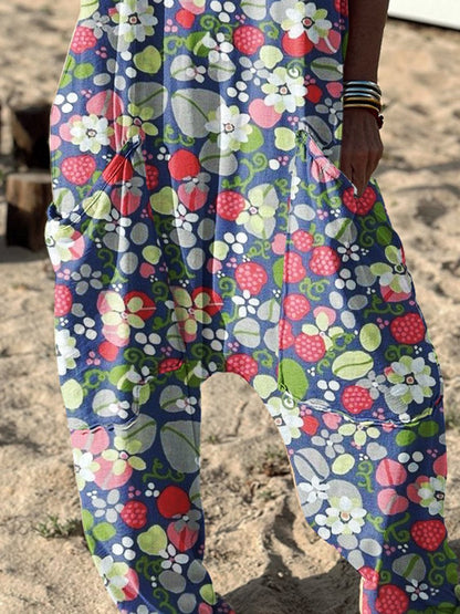 Floral Pattern Hippie Art Print Casual 100% Cotton Wide Leg Jumpsuit