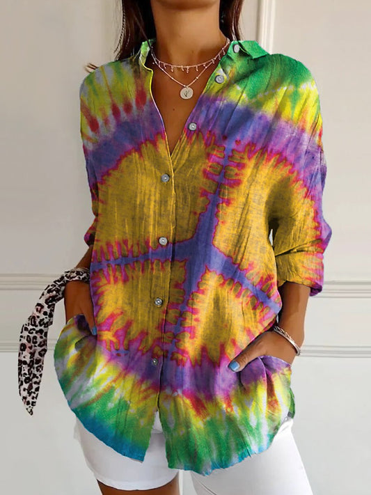 Women's Colorful Tie Dye Hippie Print Casual Cotton Shirt