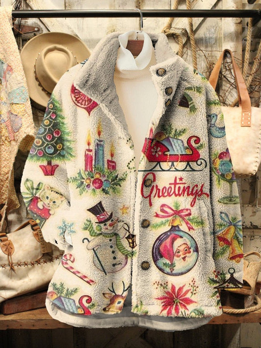 Women's Christmas Retro Pattern Print Casual Sherpa Coat