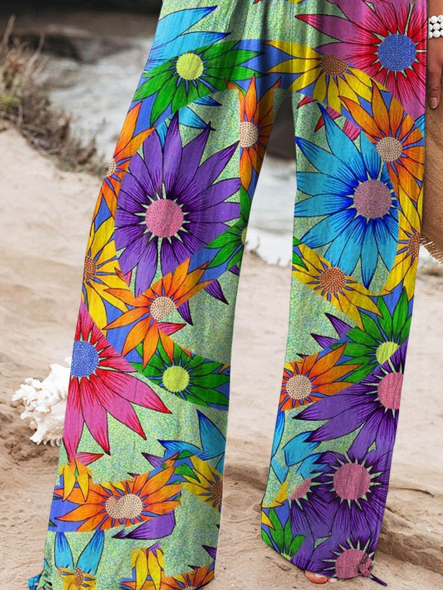 Women's Peace And Love Flower Art Printed Cotton And Linen Casual Pants