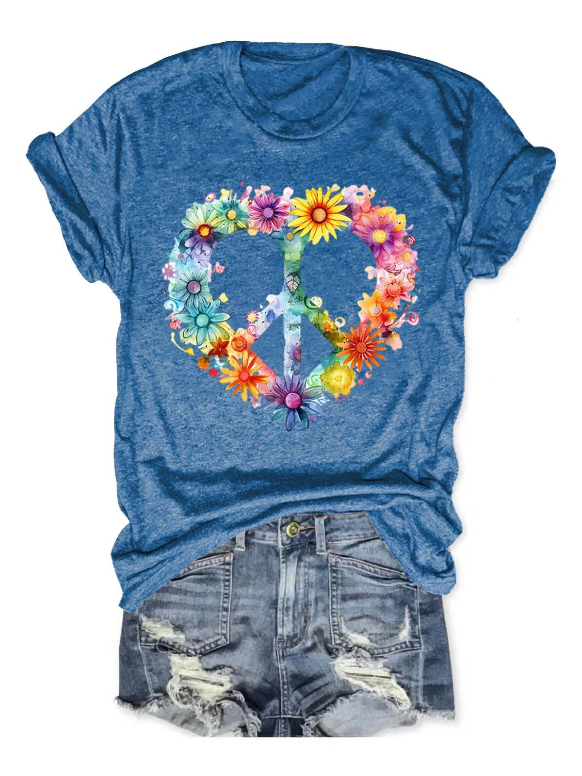 Floral Peace And Love Art Print Casual T-shirt