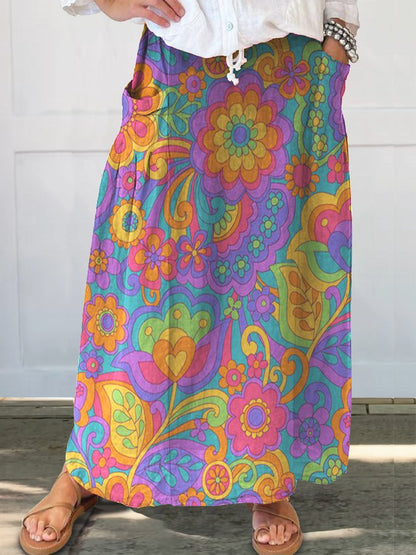 Women's Vintage Hippie Floral Print Linen Pocket Skirt