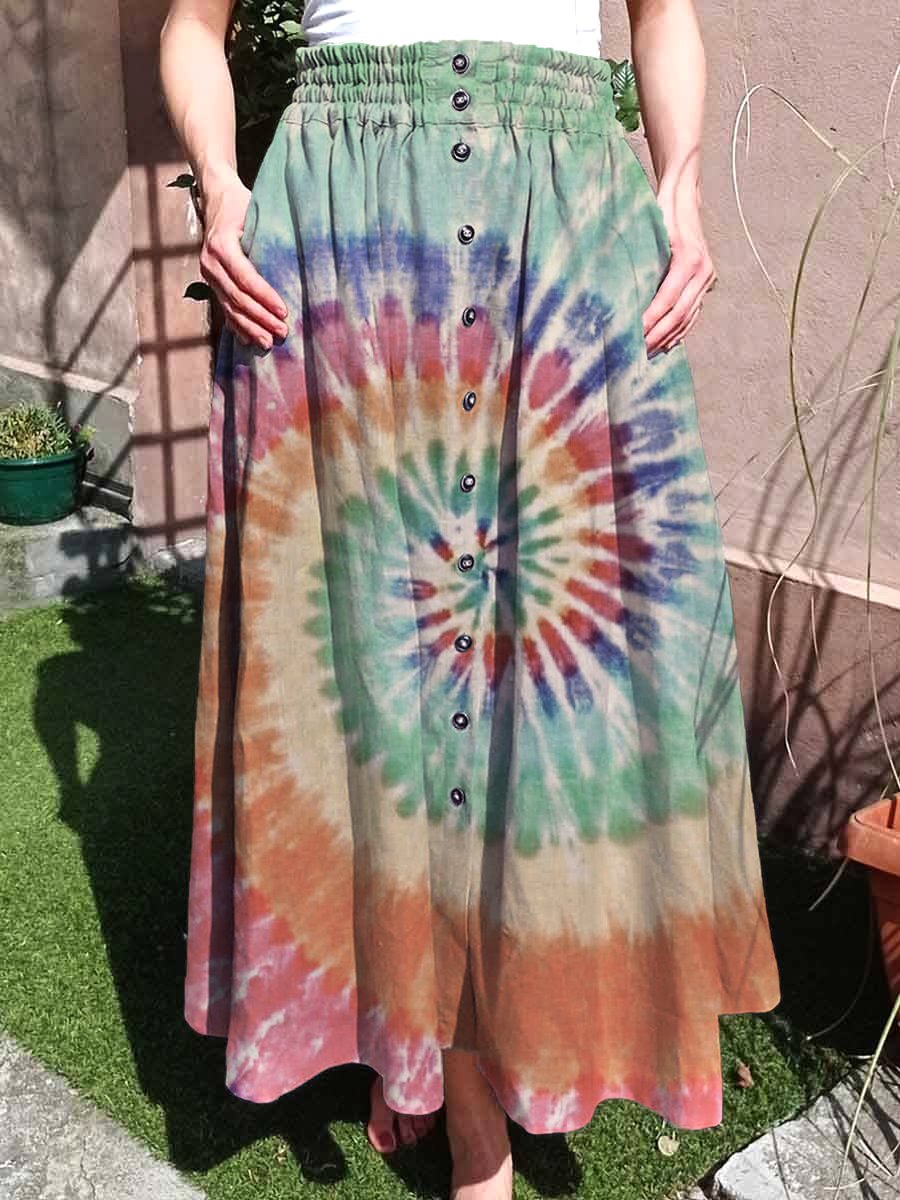 Women's Retro Tie Dye Print Linen Pocket Skirt