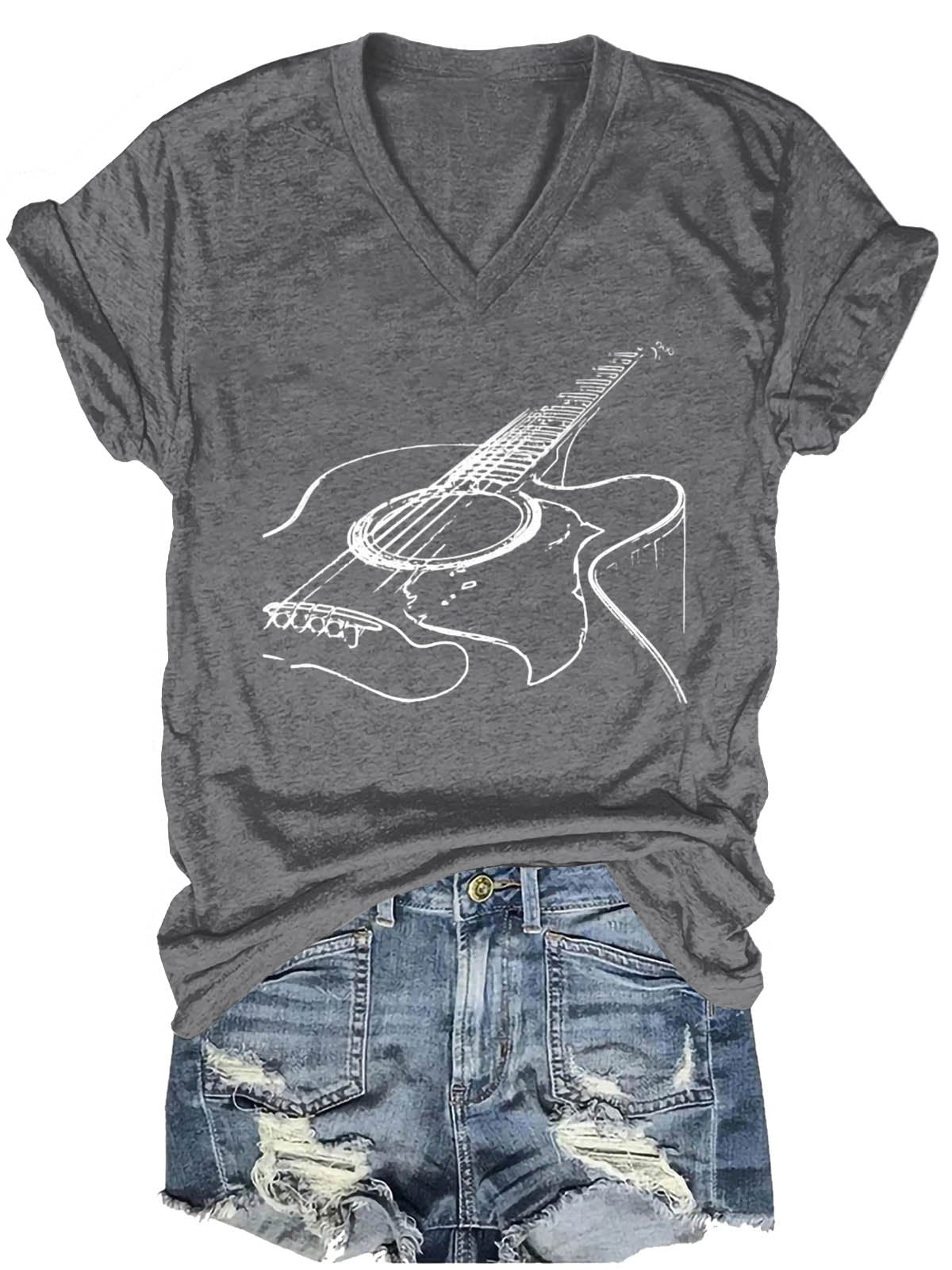 Guitar Rock Roll Music Print Casual  T-shirt