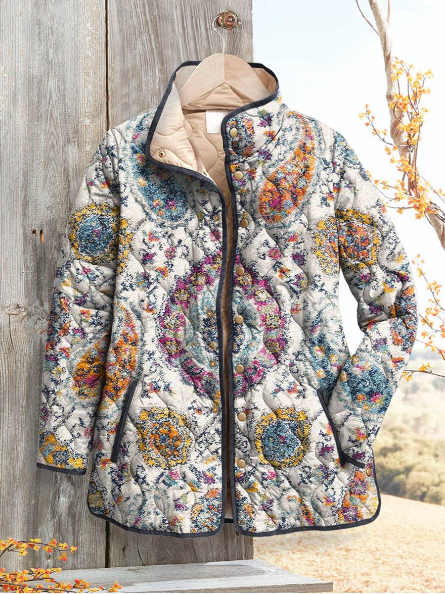 Women's Vintage Ethnic Floral Pattern Art Print Casual Quilted Cardigan