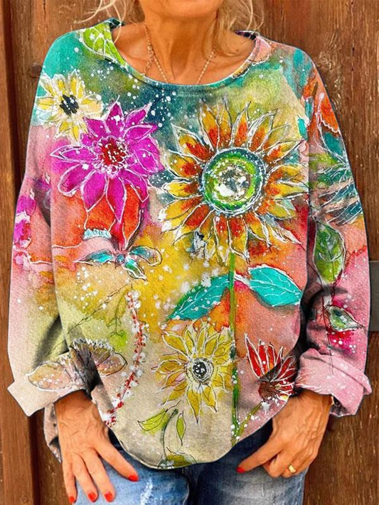 Women's Retro Watercolor Sunflower Print Casual Sweatshirt