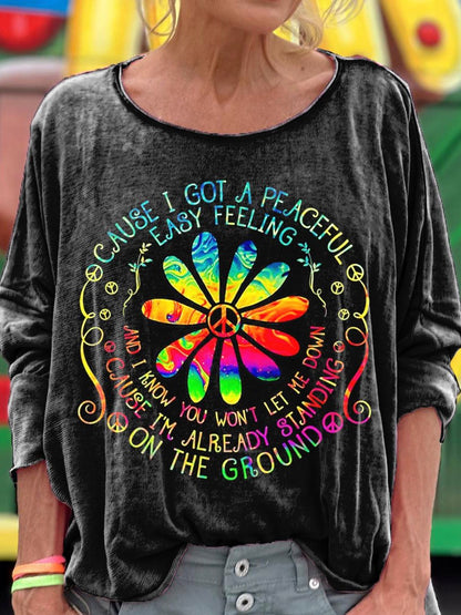 Women's Hippie Trippy Flower Power Peace Sign Pattern T-shirt