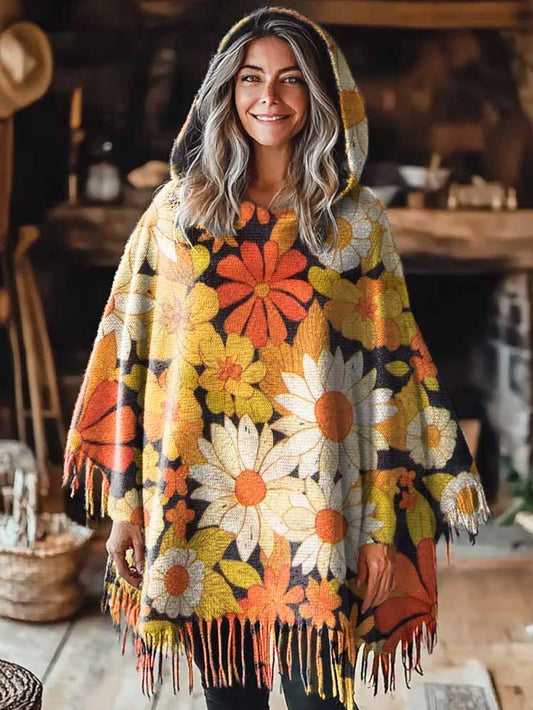 Women's Bohemian Floral Art Pattern Casual Knitted Blanket Poncho Hood Cape