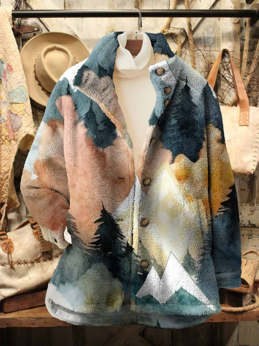 Women's Mountains Landscape Watercolor Pattern Casual Sherpa Coat Cardigan