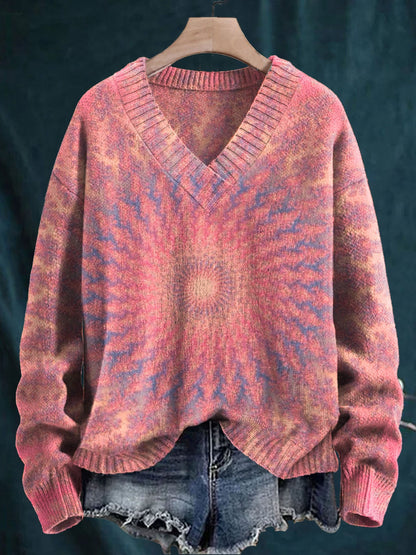 Retro Kaleidoscope Print Knit V-neck Pullover Sweater